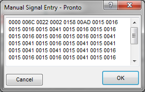 Manual Signal Edit dialog showing Pronto RAW format